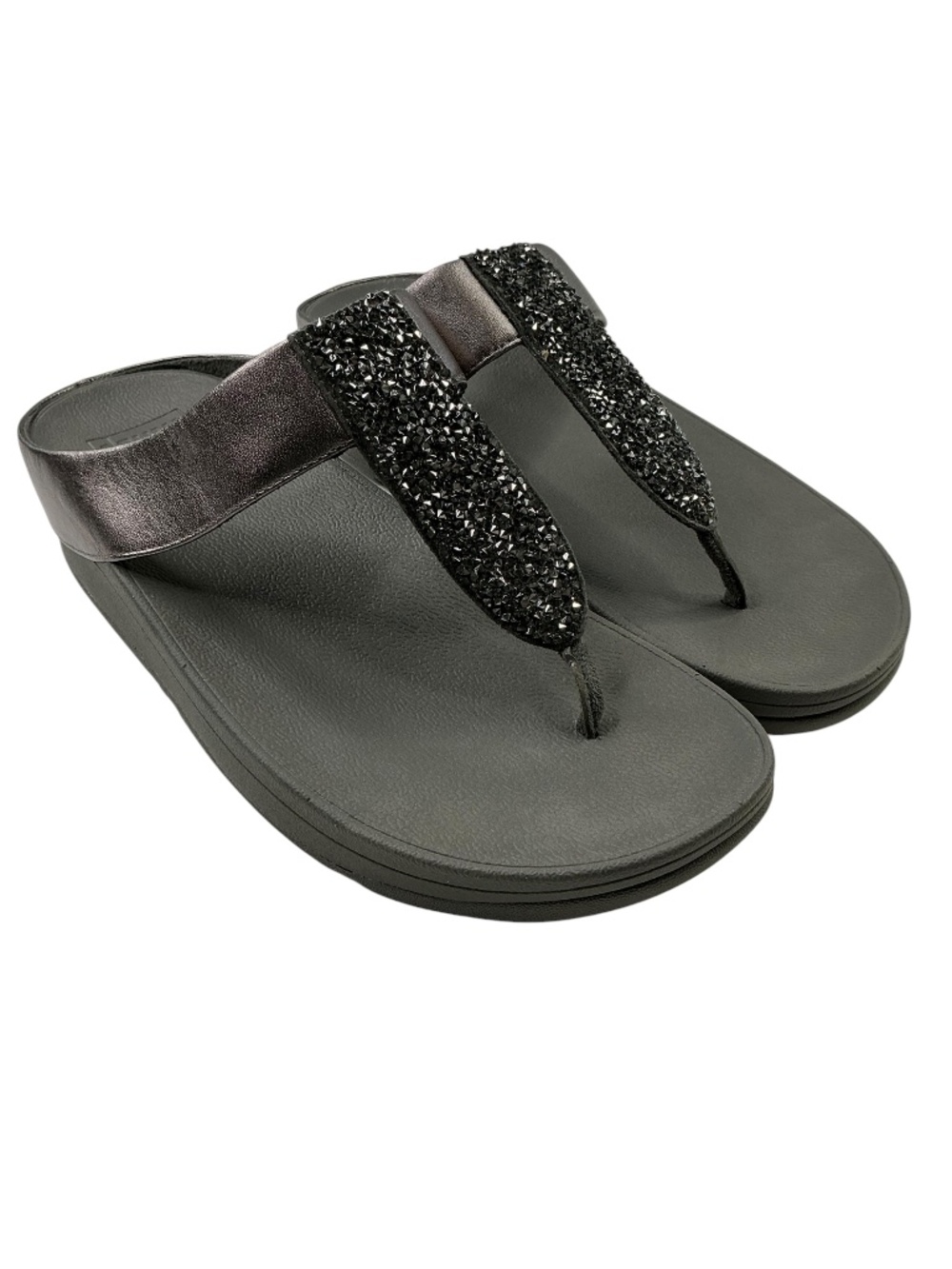 FitFlop Fino Crystal Glitterdust Pewter Leather Toe Post Sandals US 7